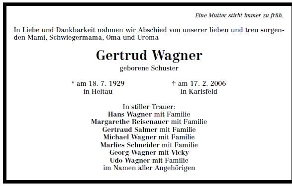 Schuster Gertrud 1929-2006Todesanzeige